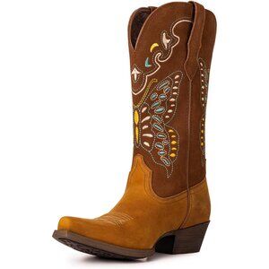 Women Brown Butterfly Western Mid Calf Embroidered Full Cowhide Leather Boot